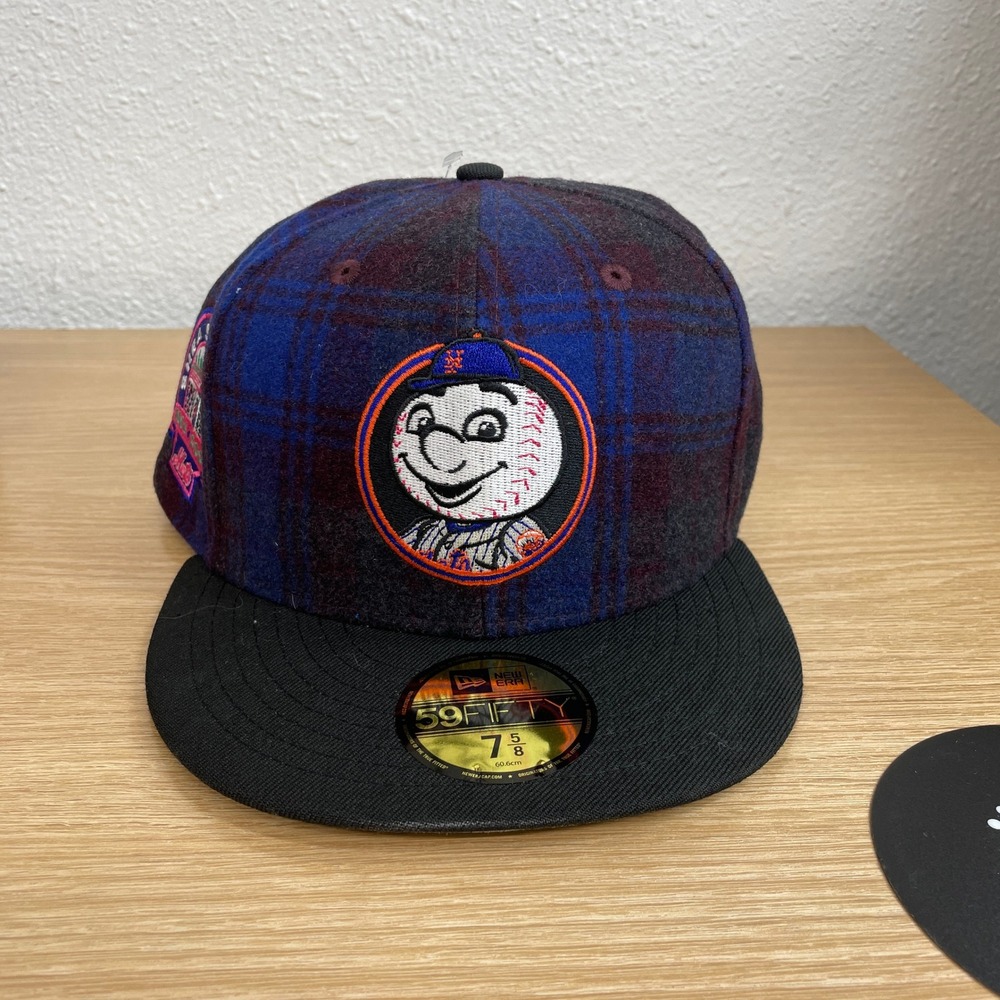 New Era NY Mets Mr Met Mascot Plaid 59FIFTY Fitted Hat 7 5/8 Shea Stadium Patch